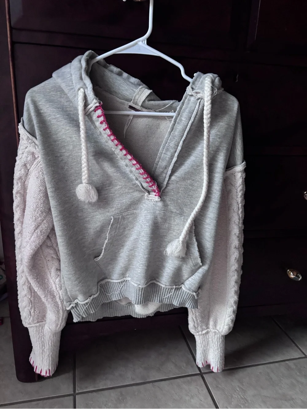 Free People Cozy Light Gray Hoodie with Cream Cable-Knit Sleeves